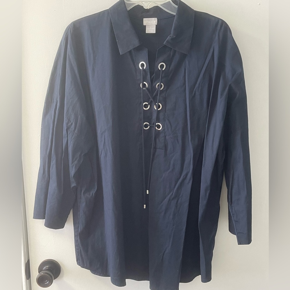 Chico’s Navy Blue Lace-Up Blouse, size 3
